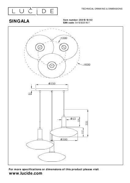 Lucide SINGALA - Lámpara colgante - Ø 55 cm - 3xE27 - Oro mate / Latón - técnico